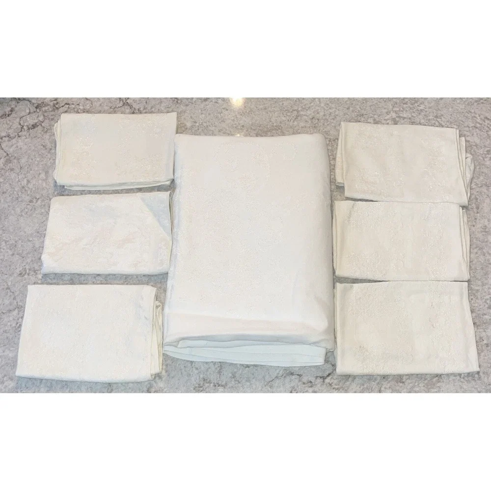 Vintage Rectangle Cream Linen Tablecloth & 6 Napkins Embroidered Scroll Design